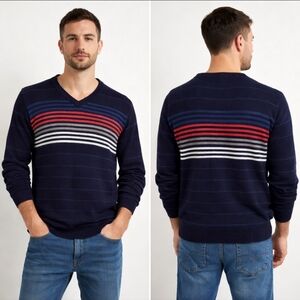 Tex Man Men’s Navy Striped V-Neck Sweater Size L